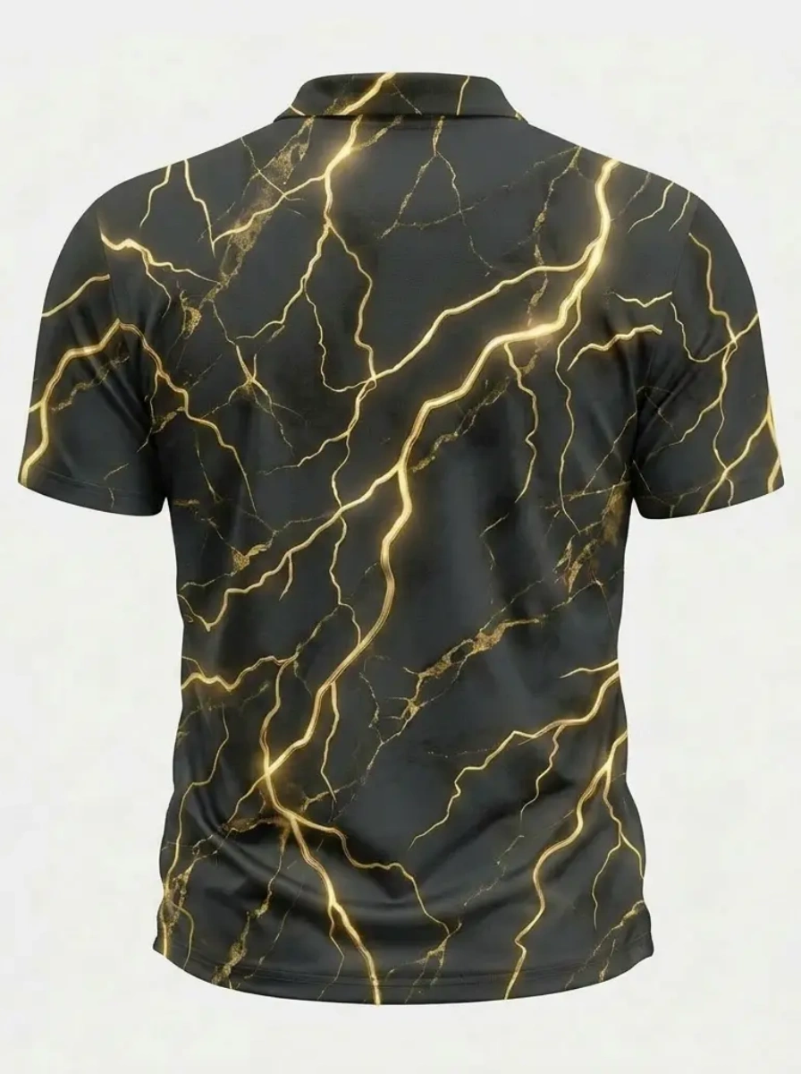Moisture Wicking Golf Polo 3D Black Gold Marble Crack Texture Button Short Sleeve Golf Polo Shirt