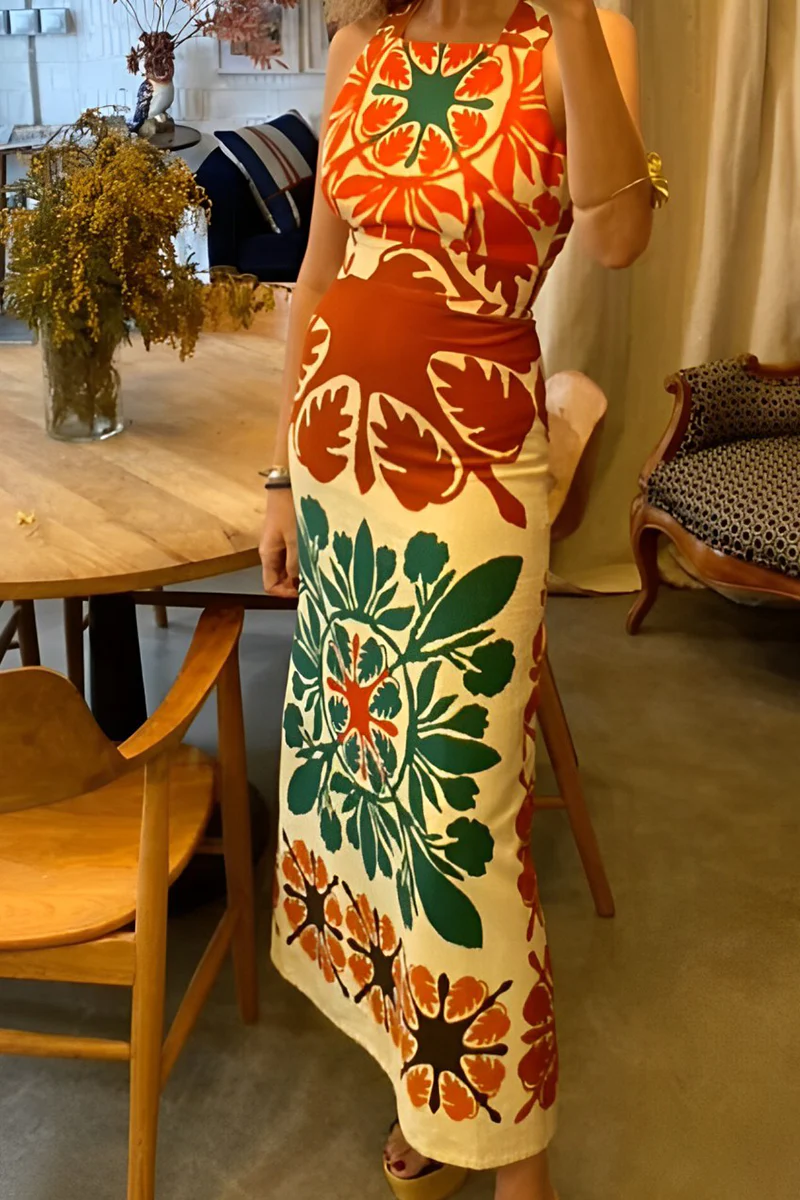 Geometric Backless Maxi Dress | Halter NeckClistos