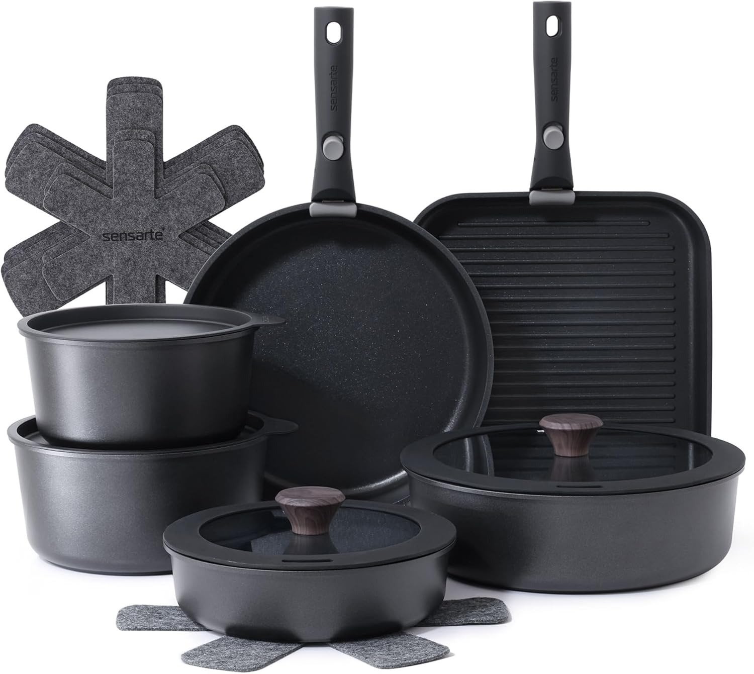 17-Piece Nonstick Granite Cookware Set Detachable Handle Induction Safe Black Oven Dishwasher Safe