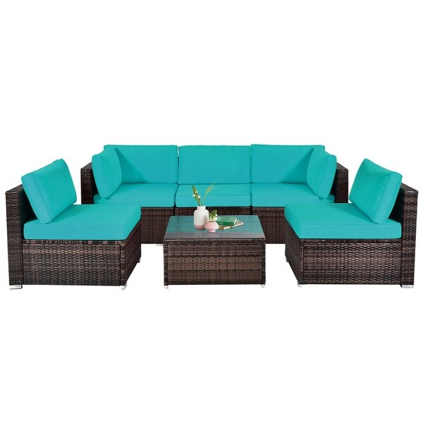 6 Pieces Patio Rattan Furniture Set with Cushions and Glass Coffee Table