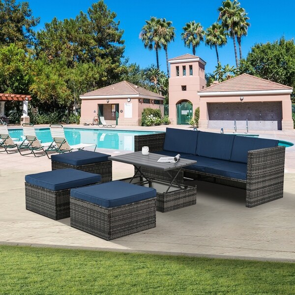 MultiFunctional Patio Sectional Furniture Set,5 Set PE Wicker Lounger Sofa Set with Adjustable Seat and Lift Coffee Table