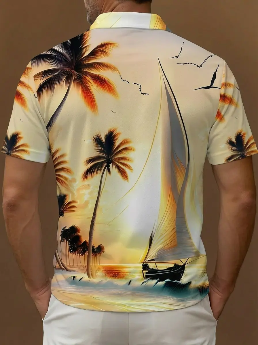 Beige Yellow Tropical Beach Sailboat Pattern Button Short Sleeve Golf Polo Shirt