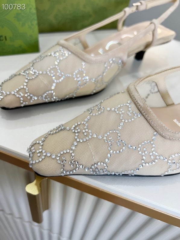 Gucci Slingback Pumps with Decorative Gems – Black Mesh Pointed Toe Heels