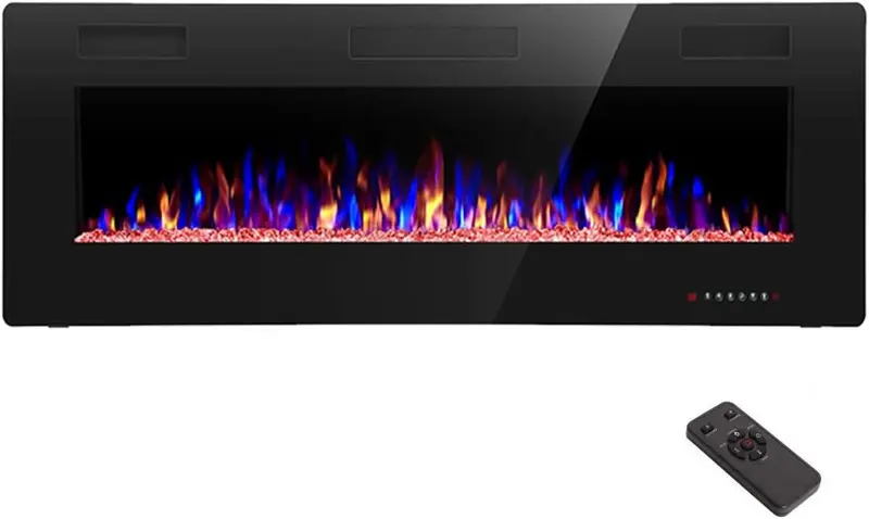R.W. FLAME 60″ Recessed Electric Fireplace – Wall-Mounted Low-Noise Heater with Touch Screen, Flame Customization & Remote Timer