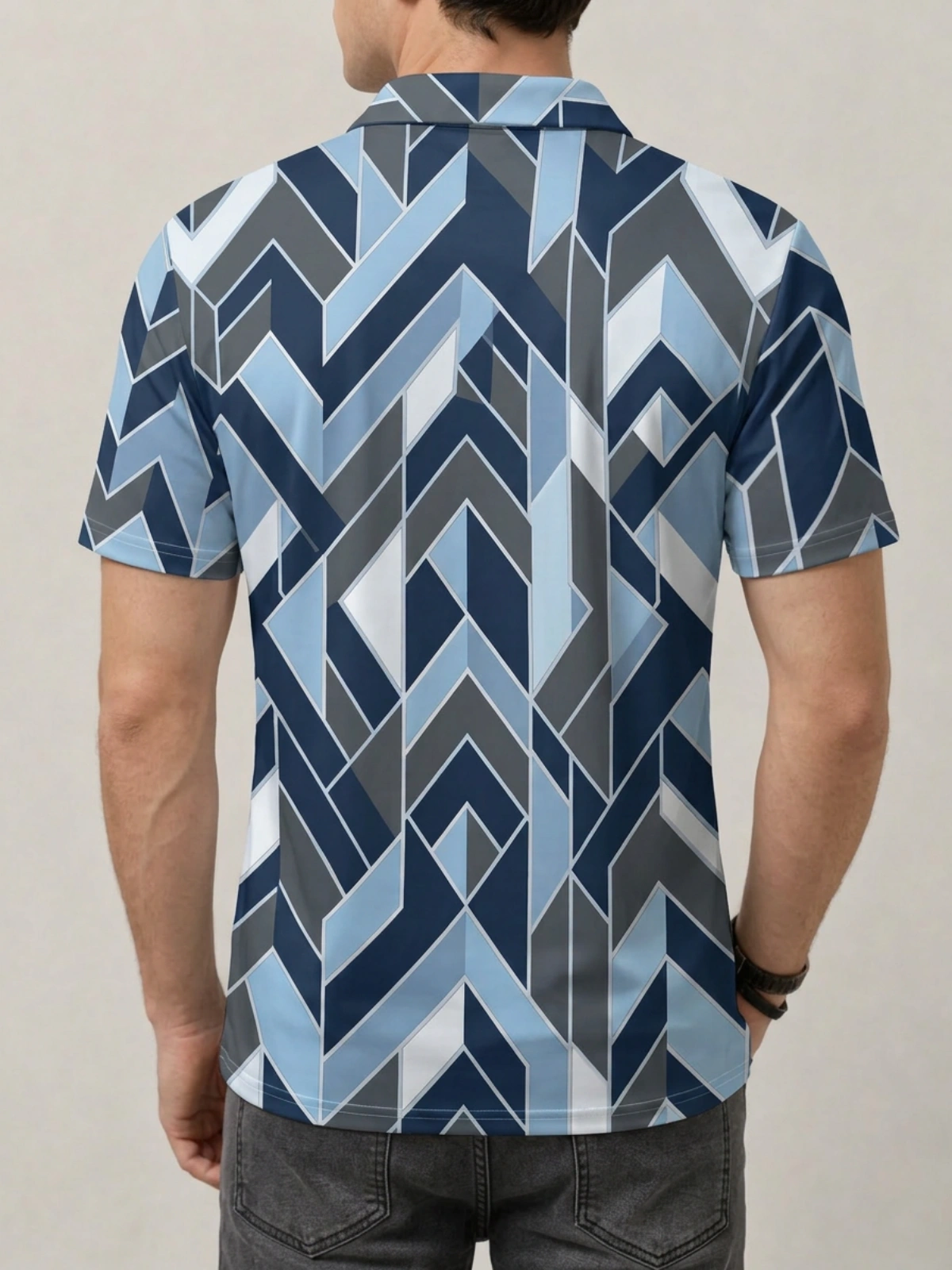 Blue Grey Geometric Chevron Print Short Sleeve Golf Polo Shirt