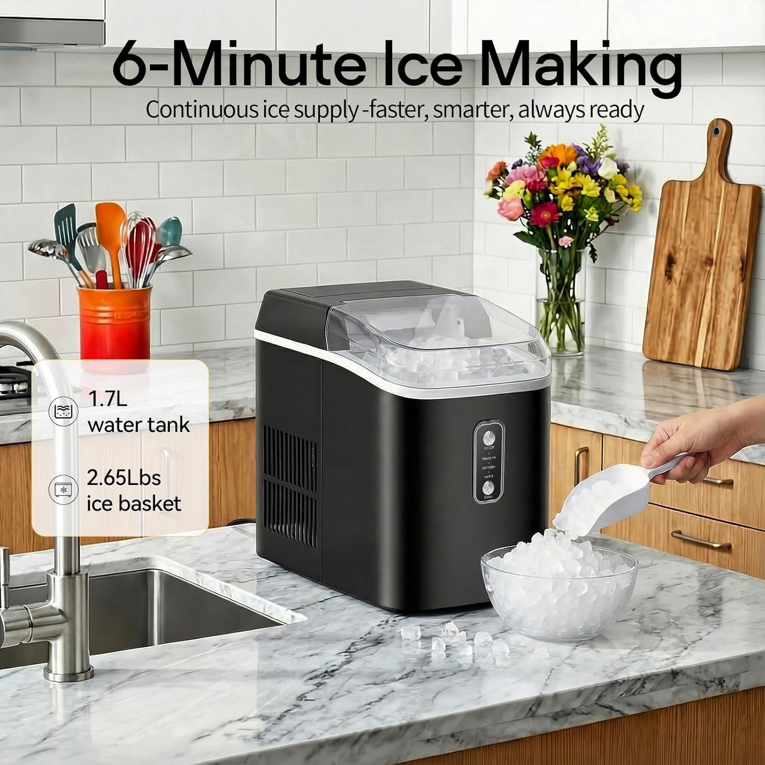 Ice Makers Countertop, Portable Nugget Ice Machine, Ready in 6 Mins, 24lbs in 24Hrs, Auto-Cleaning, with Basket and Scoop, for Home, Kitchen, RV, Camping, Black