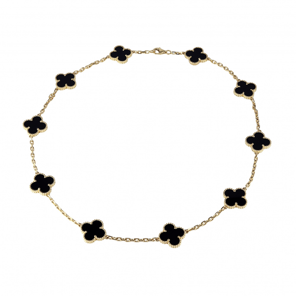 Van Cleef & Arpels Vintage Alhambra 10P Motif Necklace 18K Yellow Gold Onyx