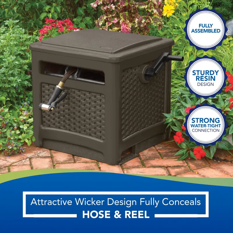 Suncast 225 ft. Smart Trak Wicker Garden Hose Reel Guide and Hideaway, Java Brown