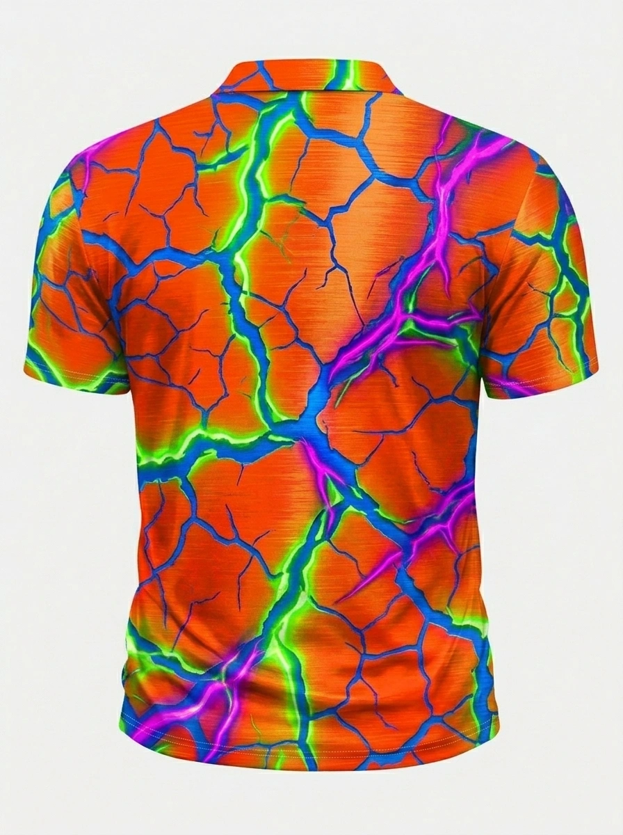 Moisture Wicking Golf Polo 3D Orange Neon Cracked Lightning Button Short Sleeve Golf Polo Shirt