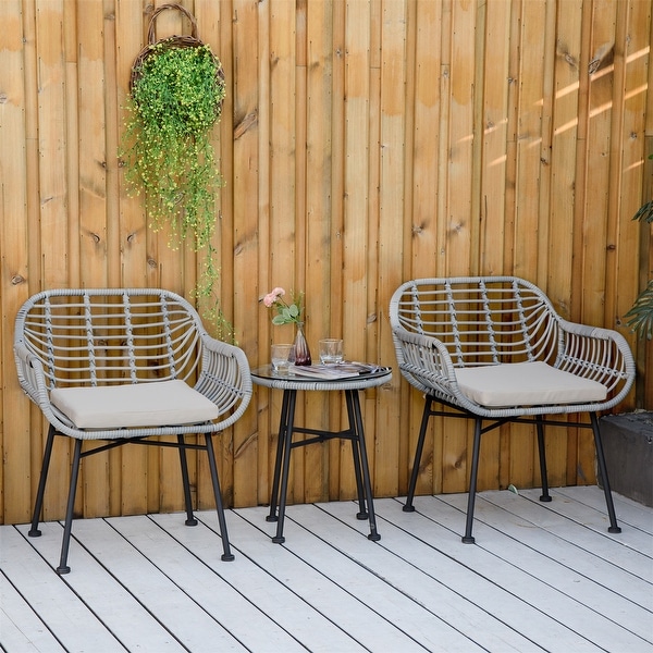 3 Piece Patio Set,PE Rattan Wicker Chairs and Table with Tempered Glass