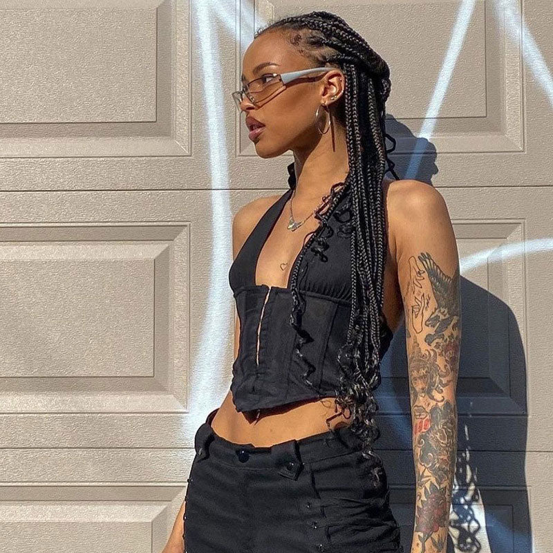 Lace-Up Backless Halter Crop TopClistos