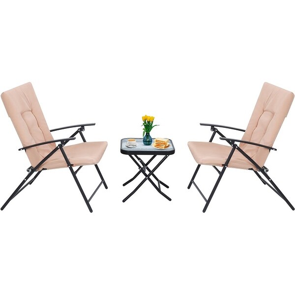 3Piece Folding Patio Bistro Dining Set,Furniture Set with 2 Folding Reclining Chairs with Cushion and 1 Folding Glass Table