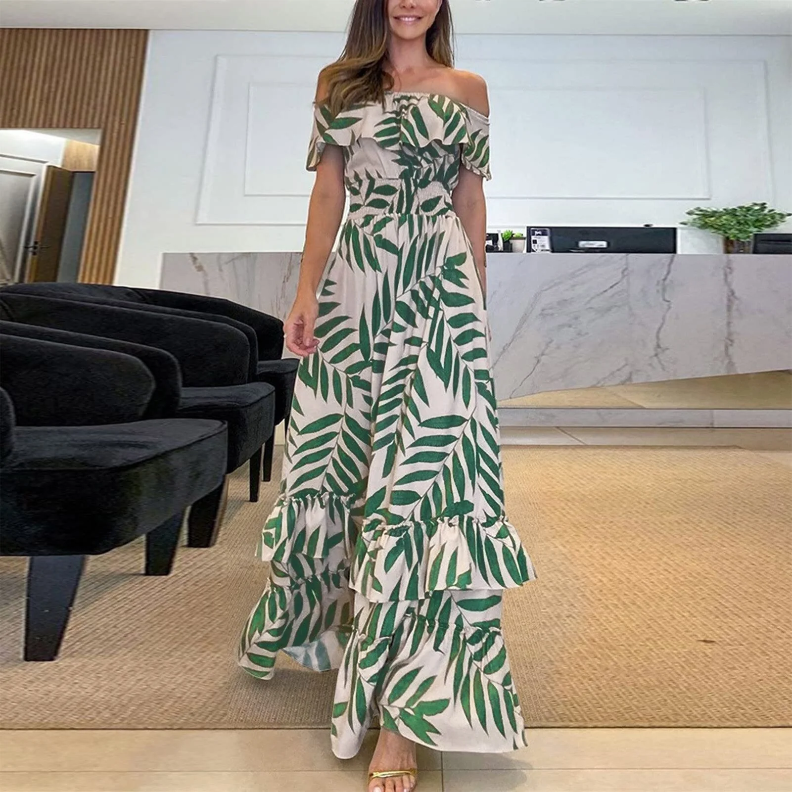 Boho Off Shoulder Ruffle Tiered Maxi DressClistos