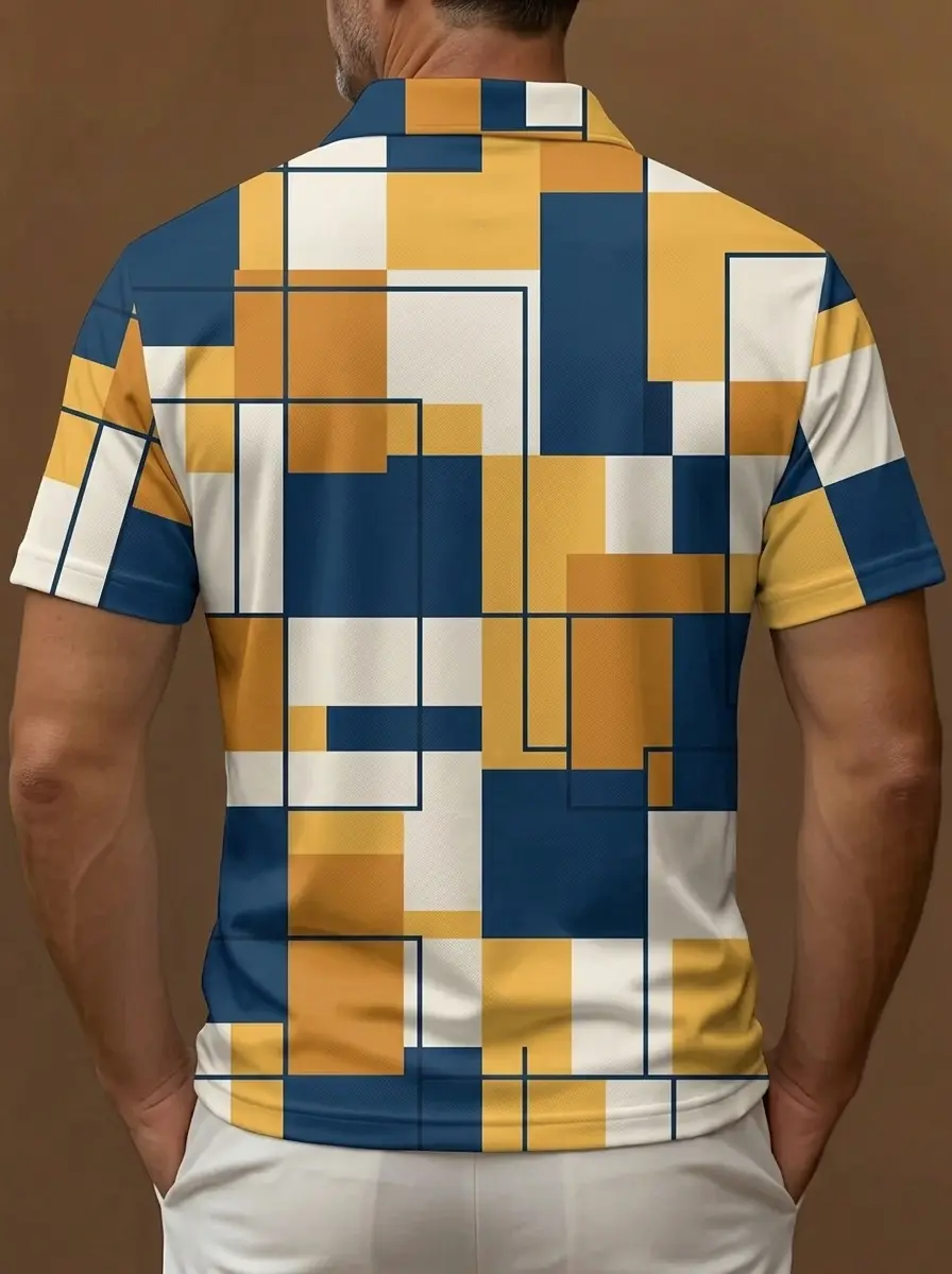 Mondrian-Inspired Geometric Block Print Short Sleeve Golf Polo Shirt