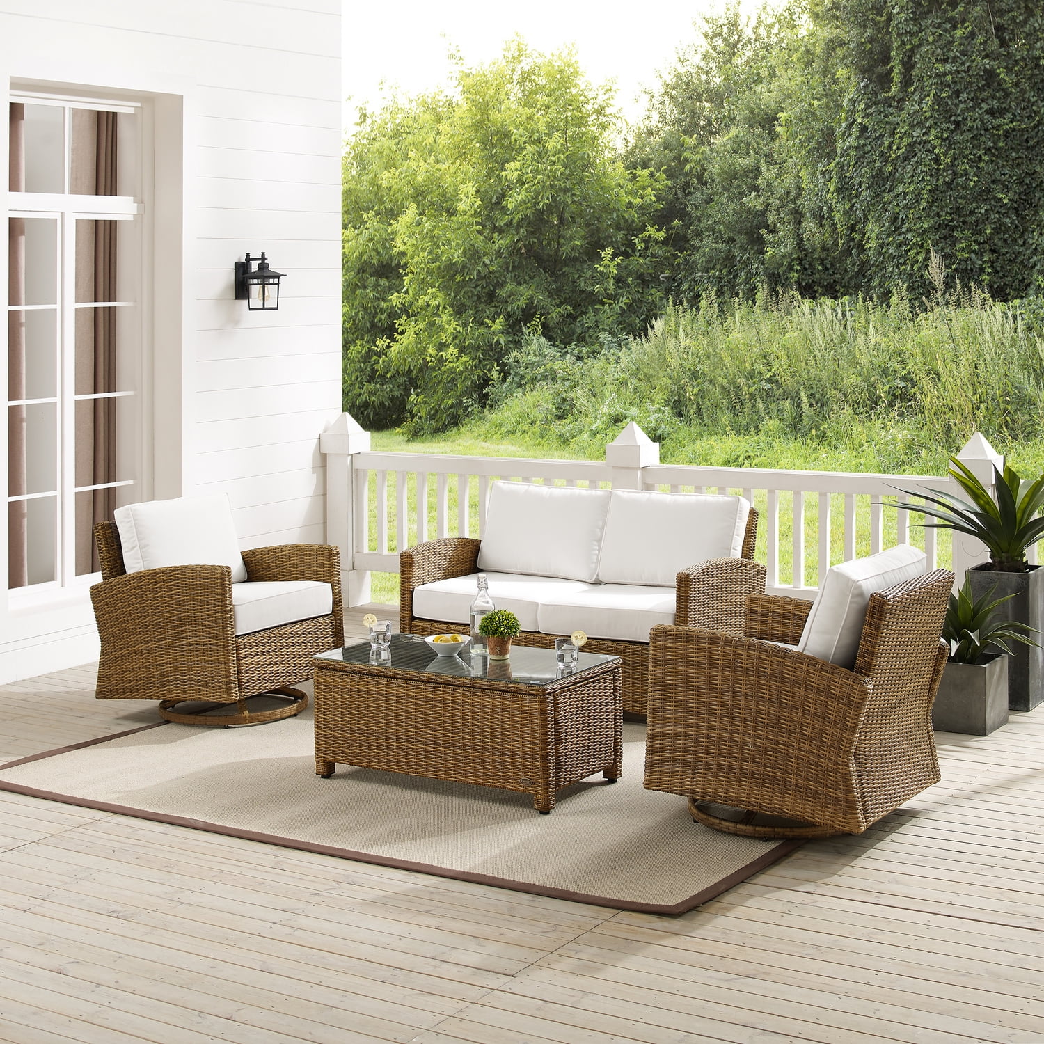 HomeStock Southwestern Sanctuary 4Pc Swivel Rocker Conversation Set- Sunbrella White/Weathered Brown - Coffee Table, Loveseat, & 2 Swivel Rockers