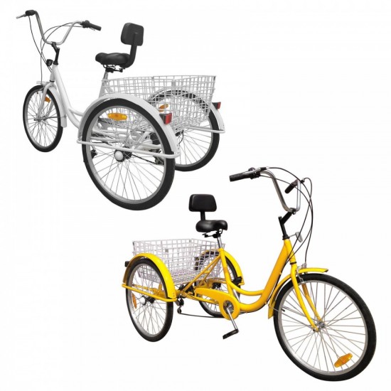 White 7-Speed 24″ With Basket 3-Wheel Tricycle 3 Wheeled Trike Bicycle Cruise Bike Bicycle