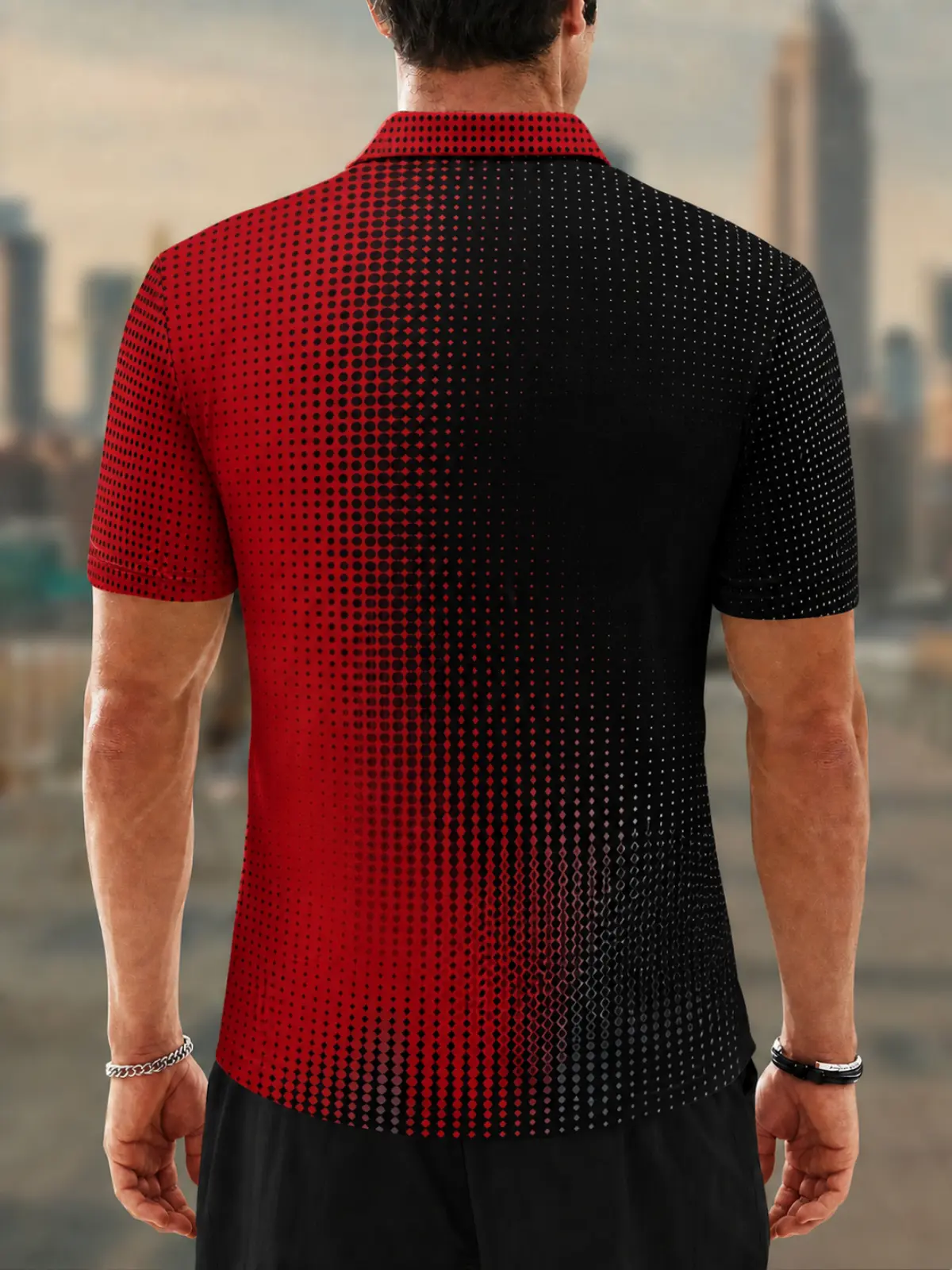 Moisture Wicking Golf Polo 3D Red Black Gradient Halftone Dot Button Short Sleeve Golf Polo Shirt