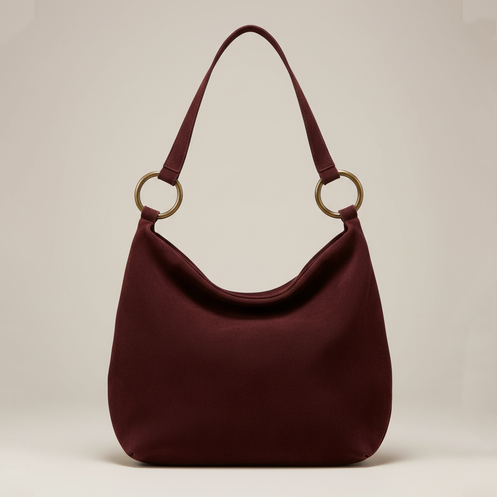 Burgundy Suede Hobo Bag with Brass Ring Hardware