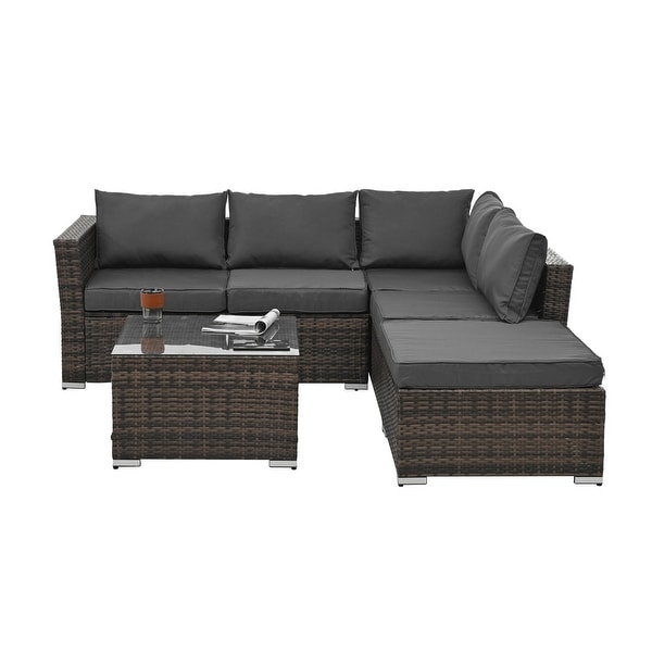 4Piece Patio Conversation Wicker Furniture Set,Sectional Sofa Set with Tempered Glass Coffee Table,Sofa Chair and Ottoman Sets