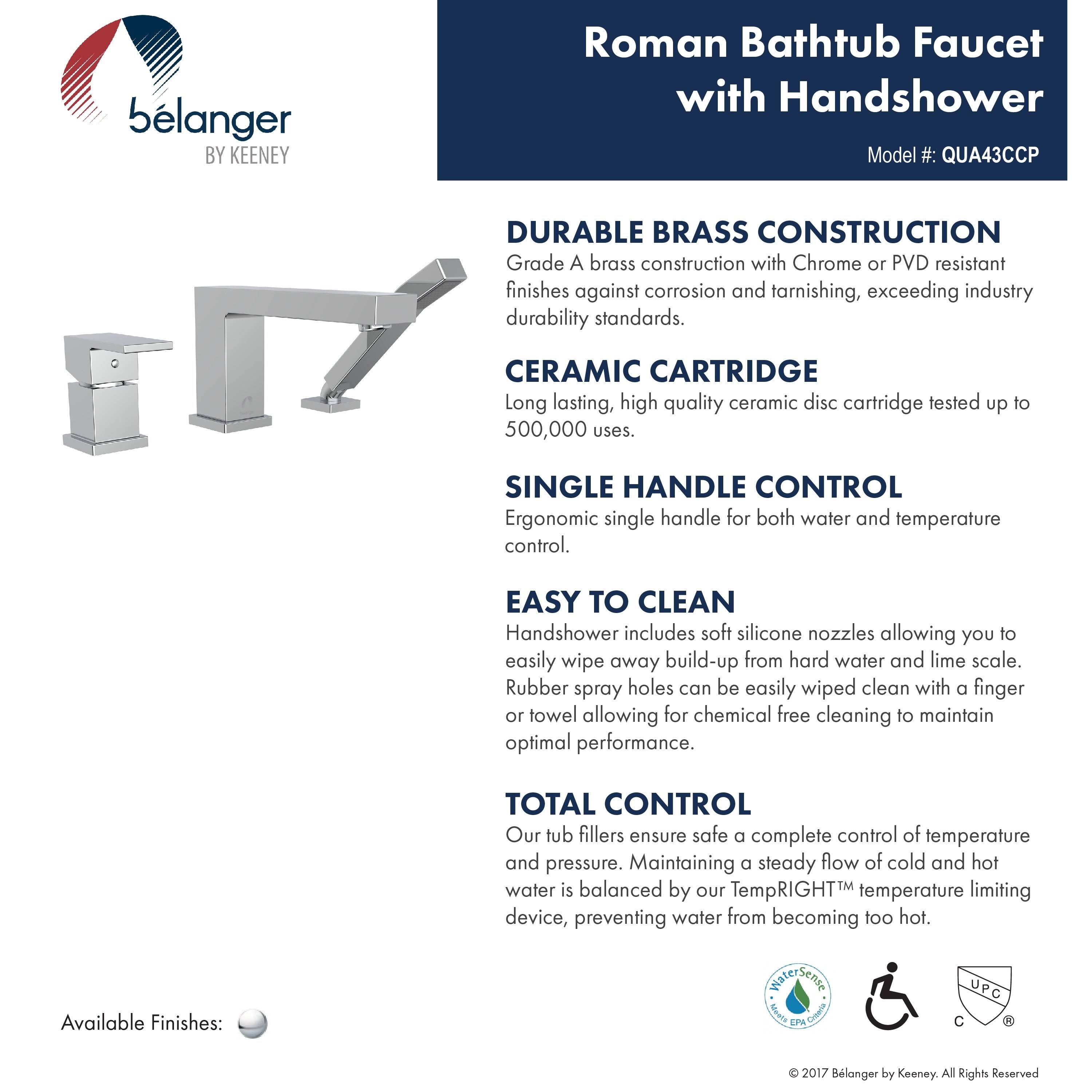 Belanger QUA43CCP Single Handle Deck-Mount Roman Tub Filler with Hand Shower, Polished Chrome