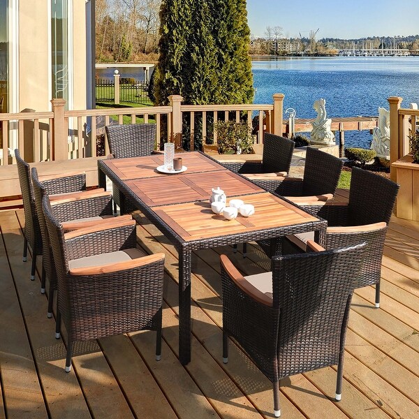 9PCS Patio Rattan Dining Set 8 Chairs Cushioned Acacia Table Top