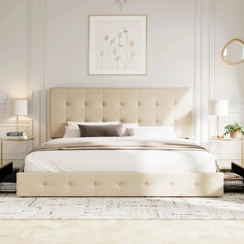 Upholstered Queen Platform Bed Frame – Button-Tufted Storage Bed with 4 Drawers, Wooden Slats, No Box Spring Required (Light Grey)