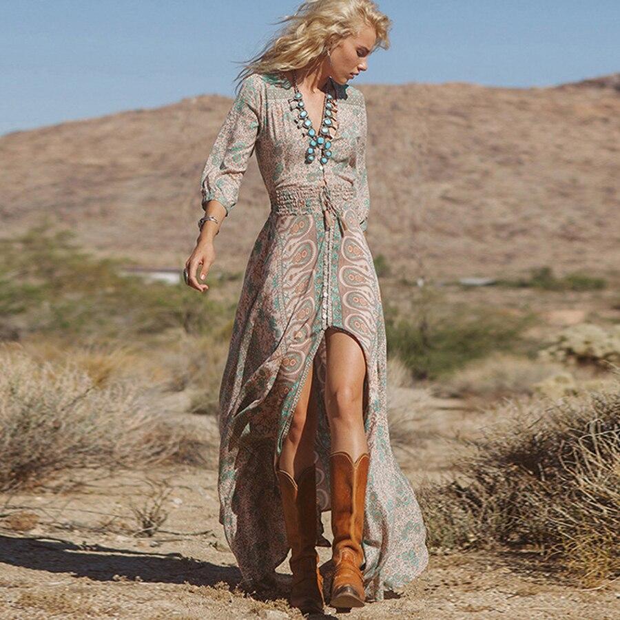Boho Maxi Dress: V-Neck Three-Quarter SleeveClistos