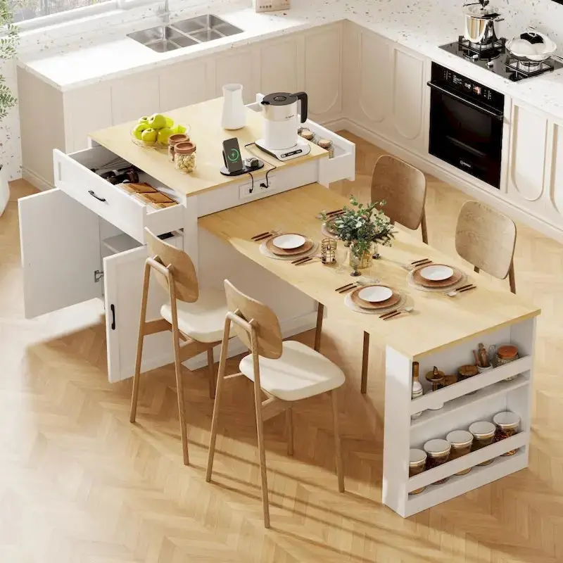 Wooden Extendable Kitchen Island for 4–6 People – Includes Dining Table & Dual Storage Compartments