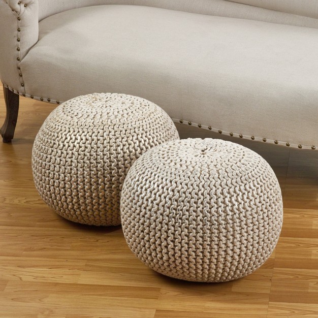Saro Lifestyle Cotton Twisted Foil Print Rope Pouf Silver