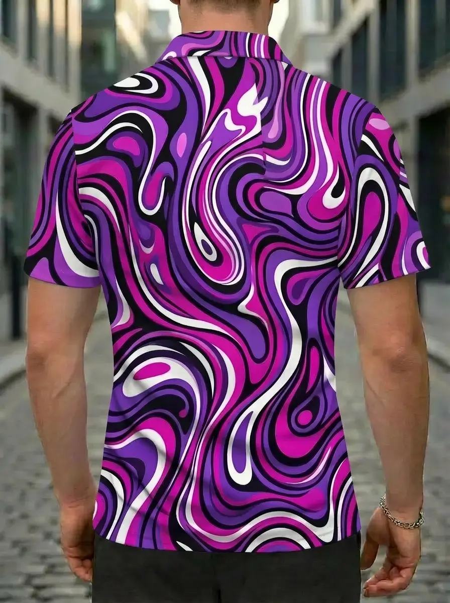 Moisture Wicking Golf Polo 3D Purple Pink White Swirl Marble Button Short Sleeve Golf Polo Shirt