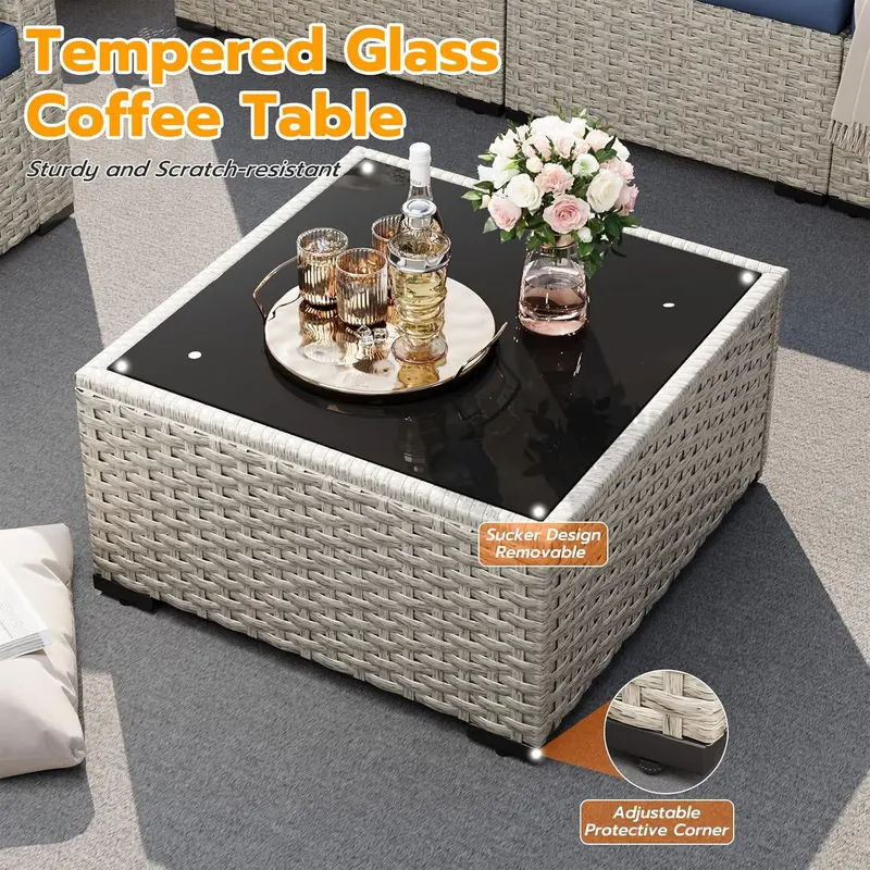 UDPATIO 7-Piece PE Wicker Patio Set – Modular Sectional Sofa with Center Tea Table