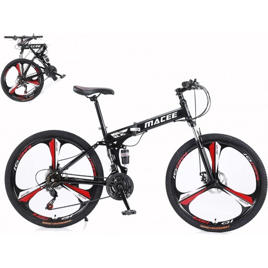 Folding 24” Wheels Mountain Bike,21-Speed Full Suspension MTB Bicycle,3 Knife Wheel Mountain Bikes,High Carbon Steel Frame,Twist Shifters,Dual Disc Brakes,Bicycle for Men Women