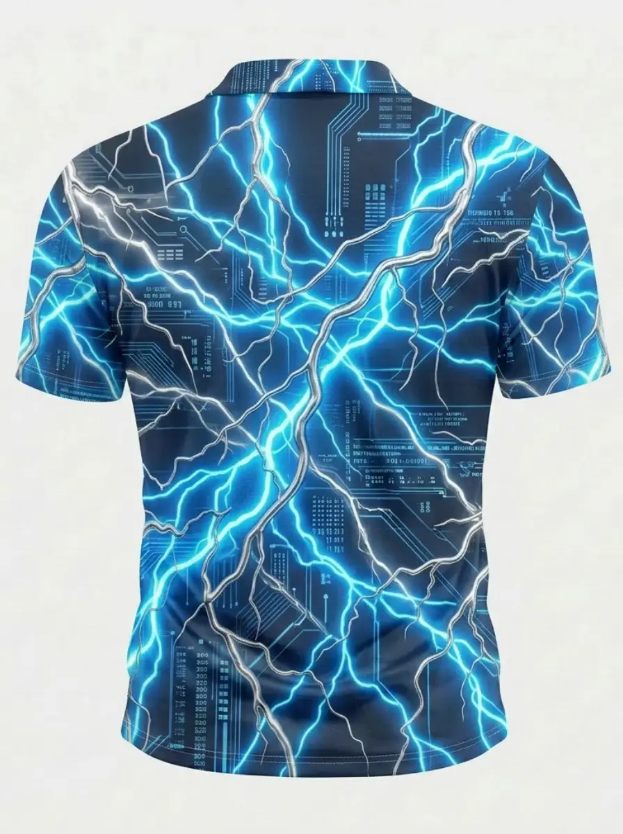 Moisture Wicking Golf Polo 3D Blue Tech Lightning Circuit Pattern Button Short Sleeve Golf Polo Shirt