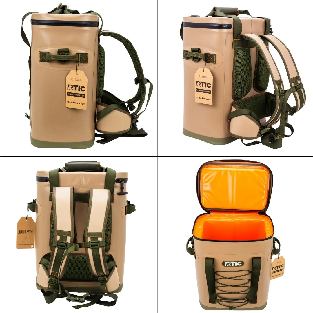 RTIC 36 Can Backpack Cooler, Leakproof Ice Chest Cooler with Waterproof Zipper, Tan