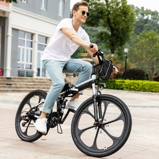 Electric Bike Folding Electric Commuting Bike/Mountain Bike with 26″ Magnesium Alloy Integrated Wheel, Premium Front and Rear Suspension and 21 Speed Gears