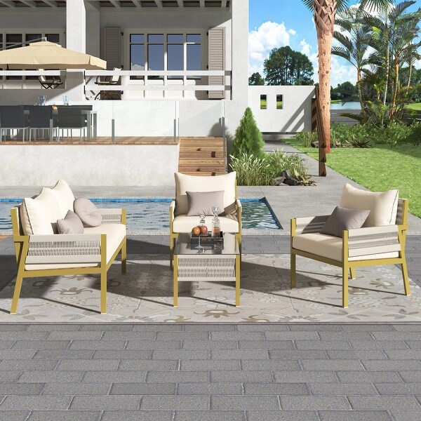 4Piece Rope Patio Furniture Set with Tempered Glass Table