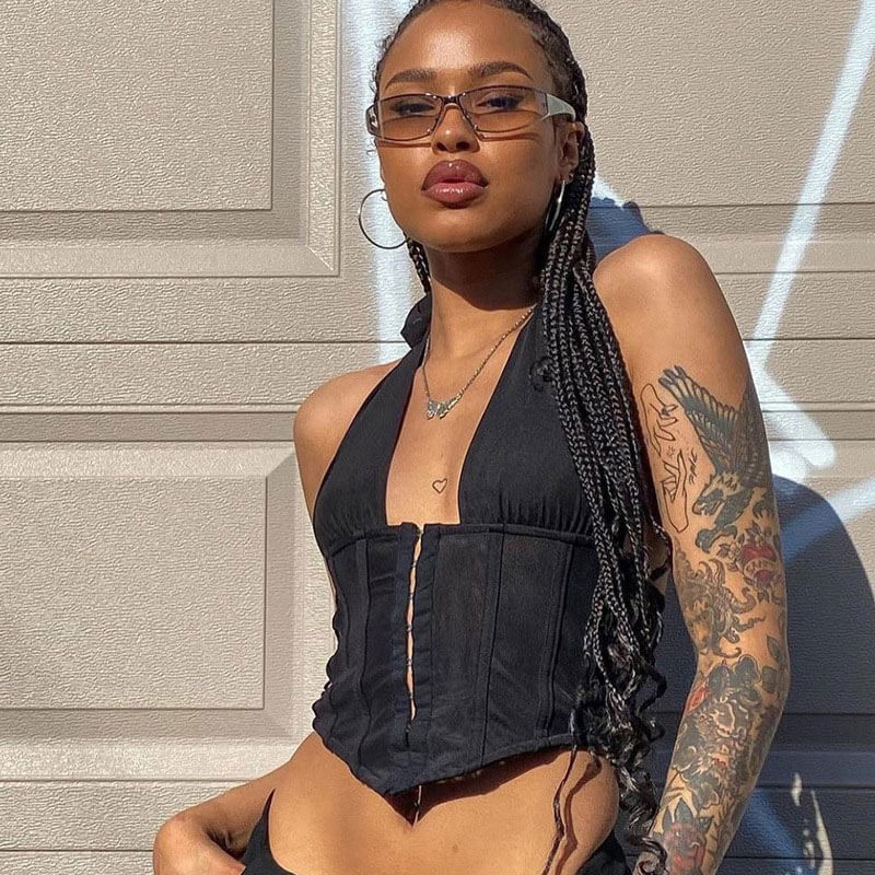 Lace-Up Backless Halter Crop TopClistos