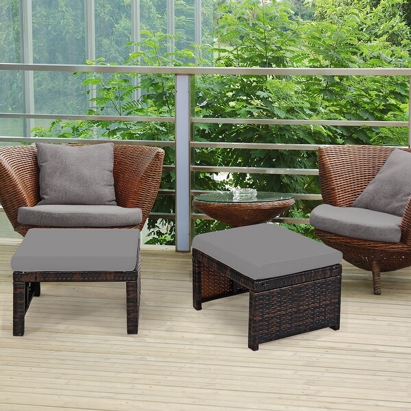 Costway 2PCS Patio Rattan Ottoman Cushioned Seat Foot Rest Furniture