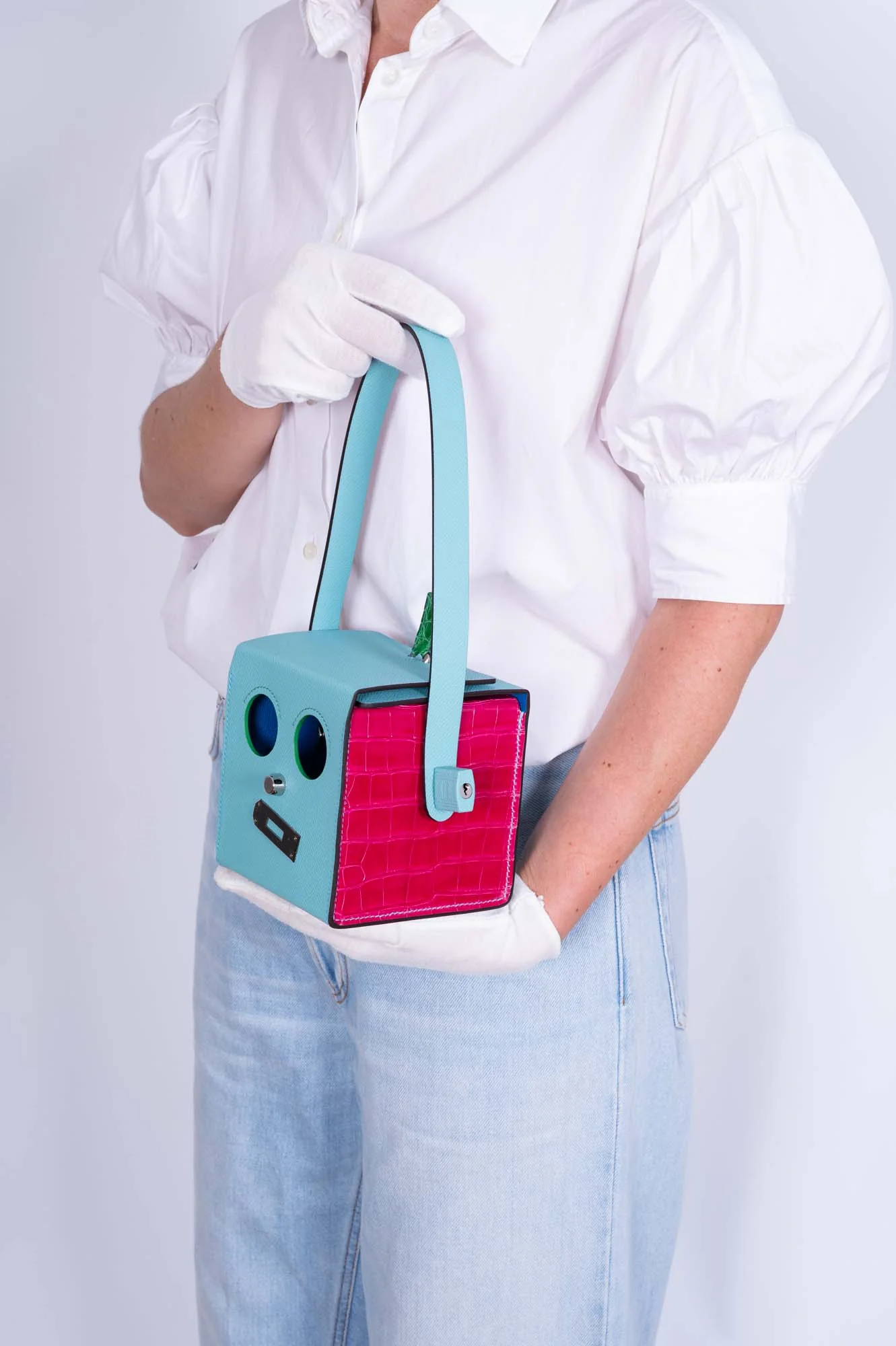 Hermès petit h Robot Buddy Bag in Turquoise Epsom with Blue Frida, Vert Émeraude Crocodile, and Fuchsia Crocodile