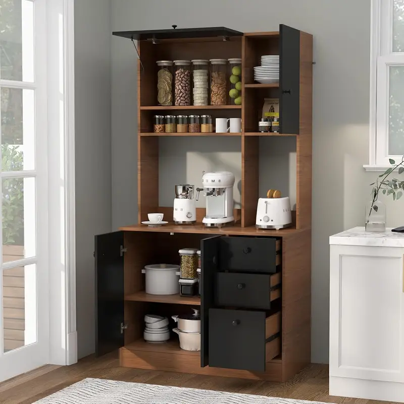 Walnut Kitchen Pantry Hutch – 71-Inch Tall Buffet with Drawers & Microwave Counter