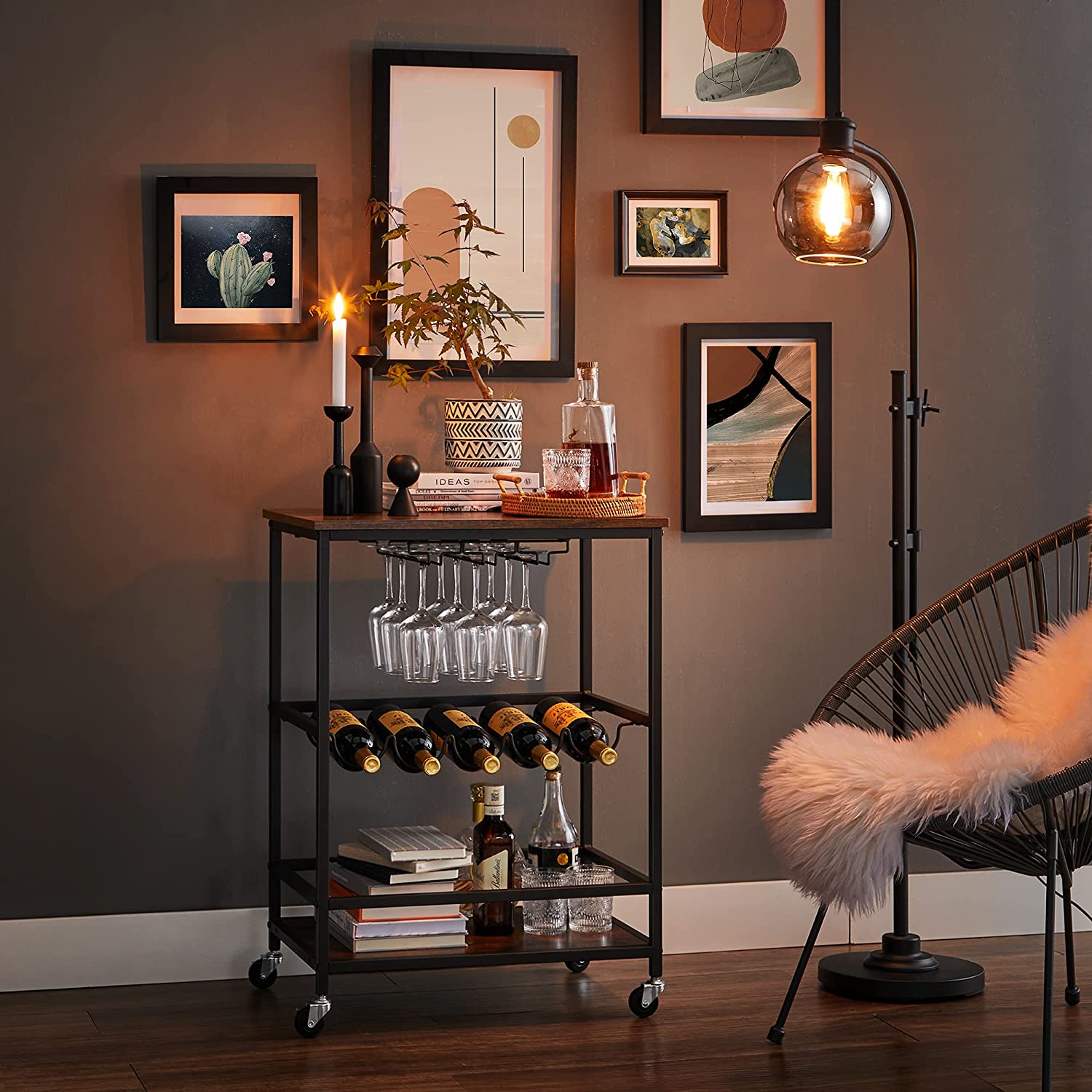 Bar Cart, Serving Cart, Industrial, Rustic Brown and Black