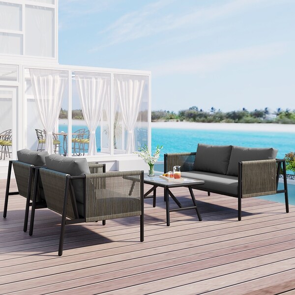 4Piece Rope Patio Conversation Set With Thick Cushions,With Toughened Glass Tabletop