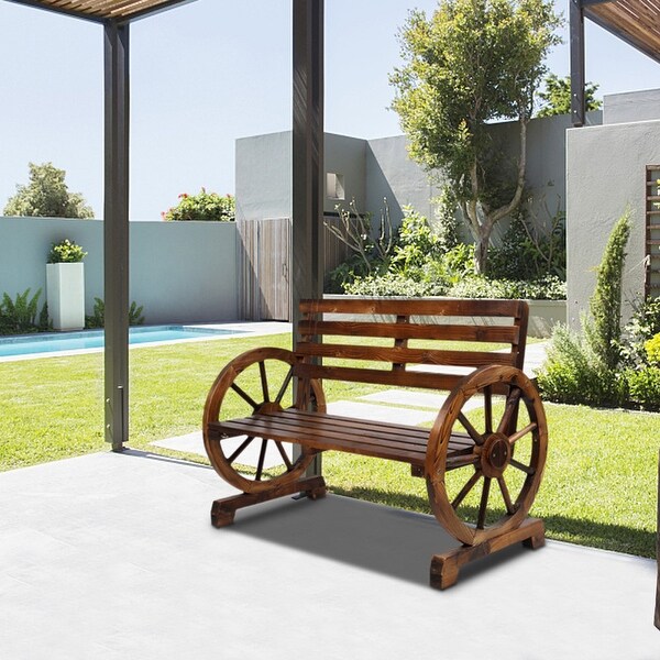Outdoor Wooden Wagon Wheel Bench with Slatted Seat and Backrest