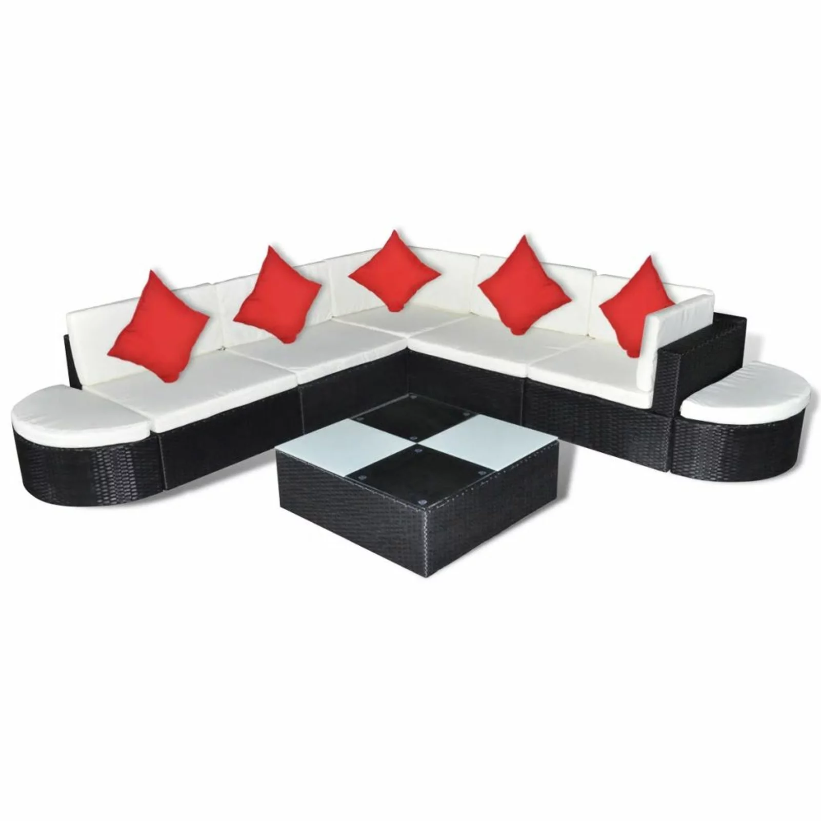 Dcenta 8 Piece Patio Lounge Set with Cushions 3 Center Sofas, 2 Corner Sofa, Half-Round Ottoman, Tea Table Conversation Set Poly Rattan Black Outdoor Sectional Sofa Set for Garden, Balcony, Deck