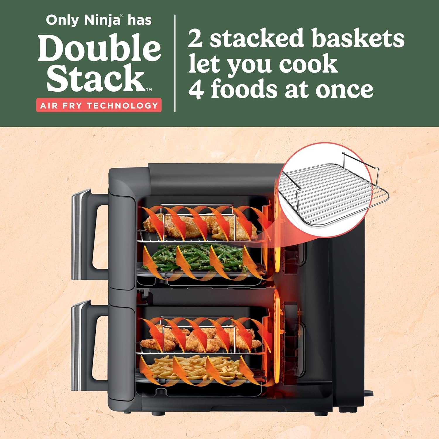 10QT DoubleStack 2-Basket Air Fryer, 4-Food Cooking, Smart Finish, Space-Saving Design, Grey