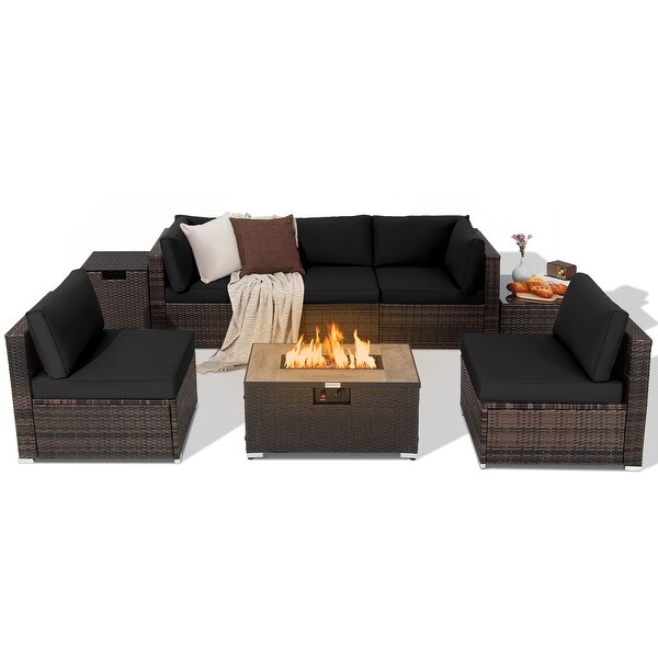 Costway 8PCS Patio Rattan Furniture Set Fire Pit Table Tank Holder