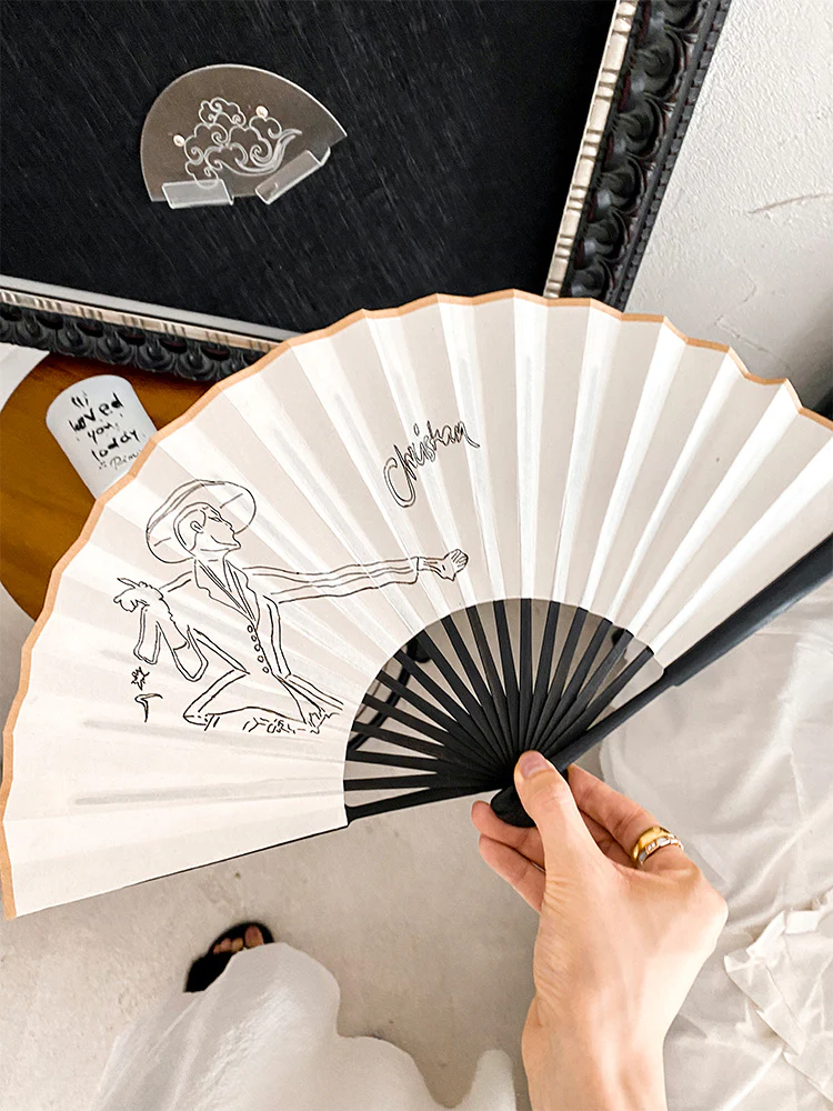 AH110 - Vintage Miss Dio* Hand-painted Folding Fan Western Black and White Decorative Fan