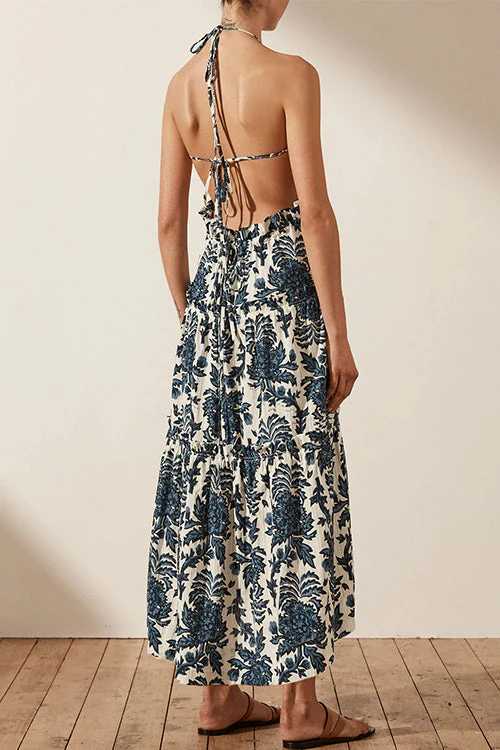 Halter Neck Floral Print Midi Swing DressClistos