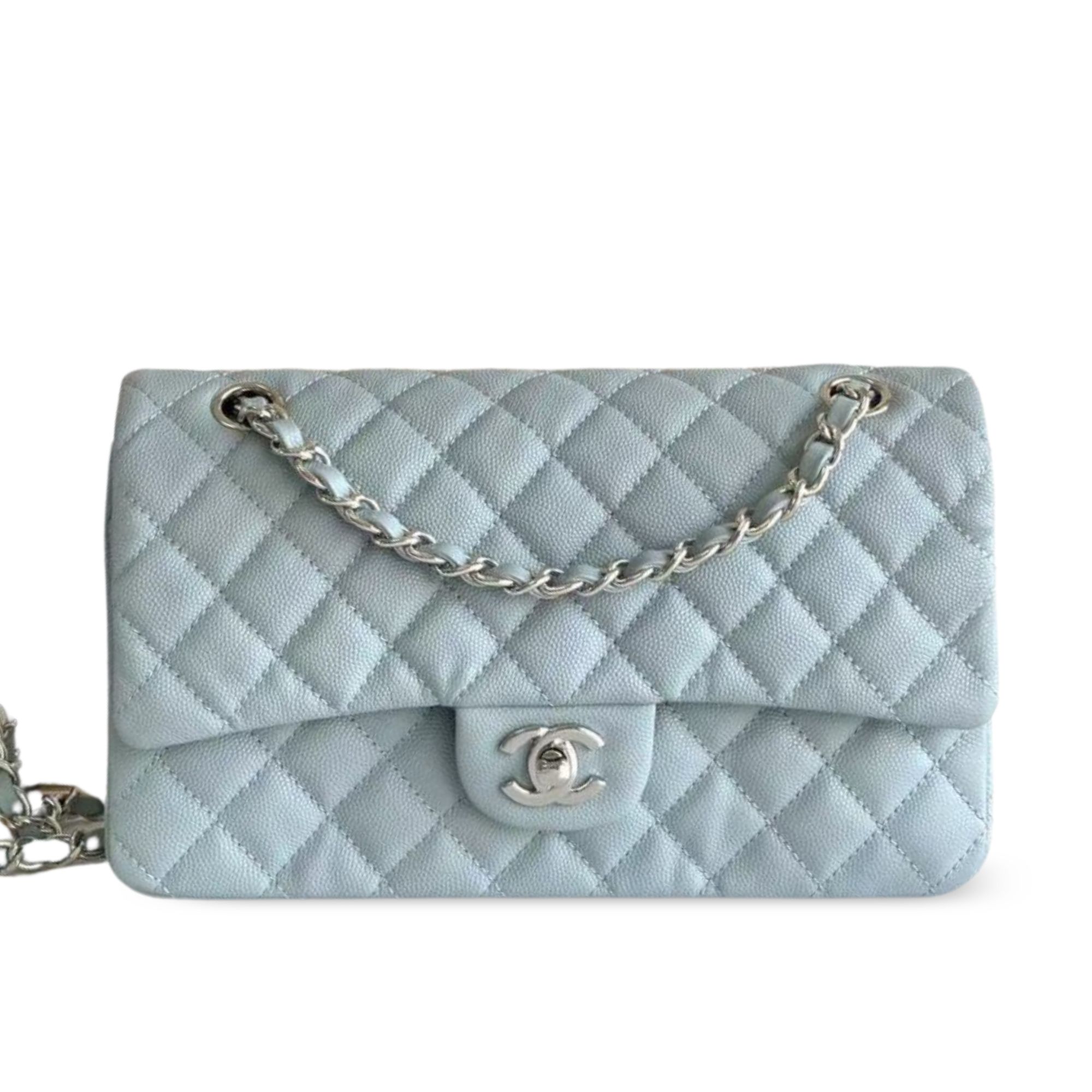 Chanel Classic Flap Bag 25 cm Light Blue Caviar Silver-Tone Hardware A01112