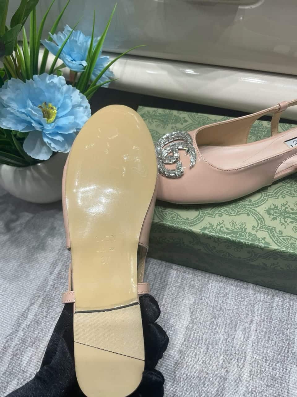 Gucci Logo Embellished Slingback Flats Light Pink